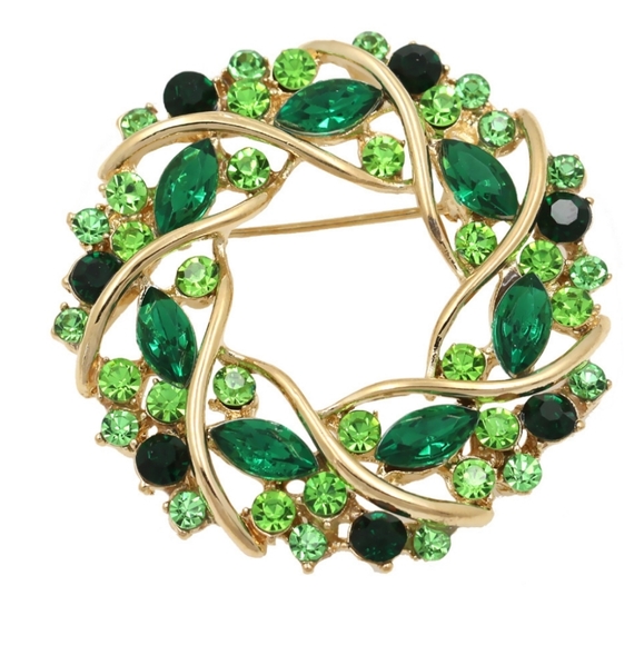 Rhinestone Green Wreath Brooch Pin Gold Tone - Picture 4 of 4
